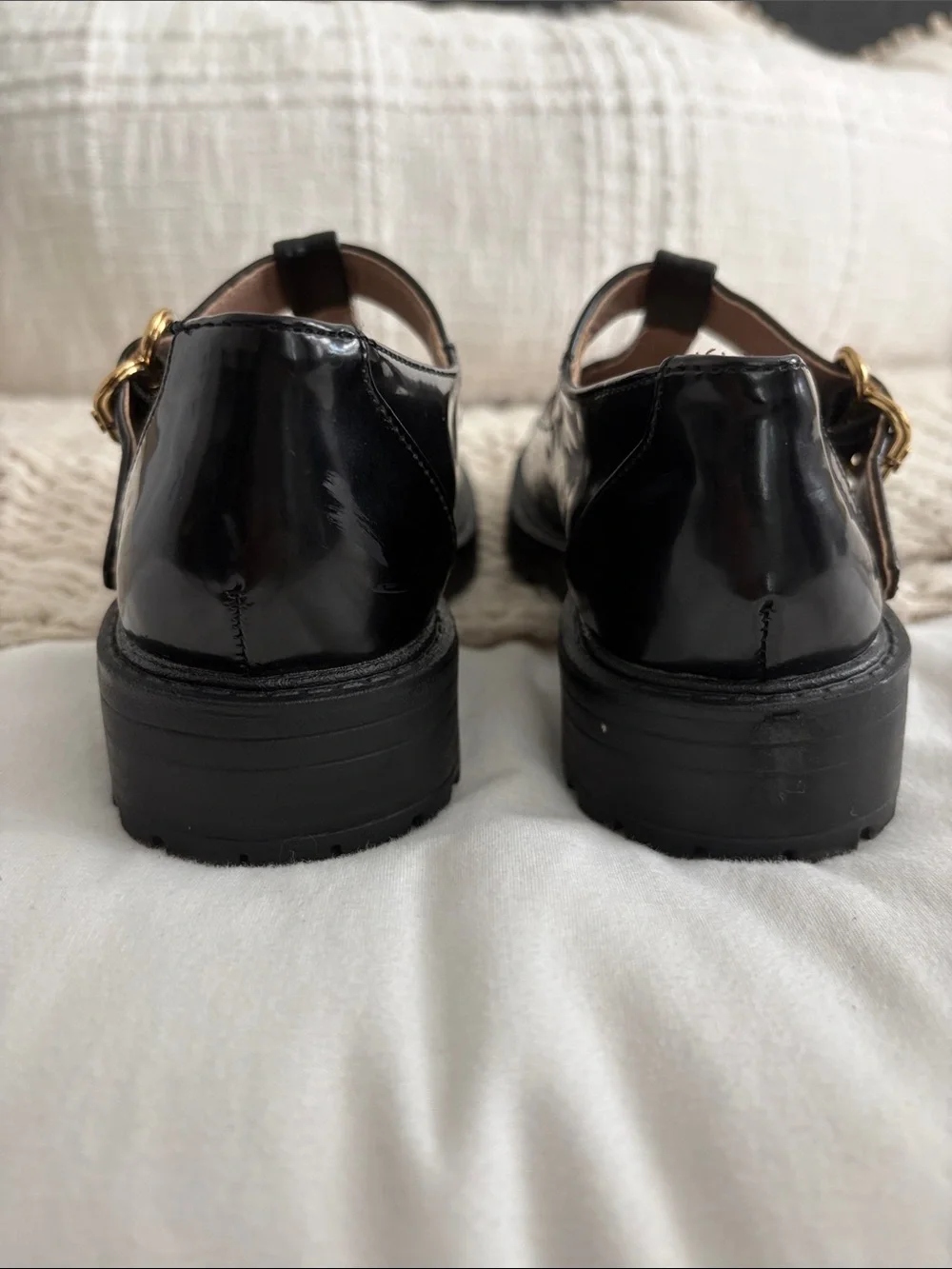 Sam Edelman Black Patent T-Strap Mary Jane’s with Gold Buckle